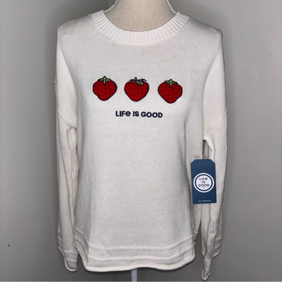 Life Is Good NEW Strawberry embroidered sweater long sleeve roll hem size Medium - Picture 1 of 11